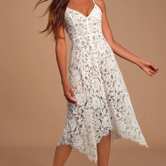 Lulus Dresses & Skirts - Lulu's Women's Dress One Wish Lace Midi V Neck Spaghetti Strap Sleeveless White